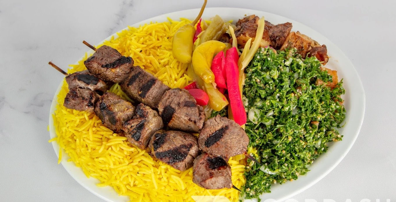 Royal Kabab Plate with beef chicken and lamb kababs at Donair & Shawarma House Edmonton