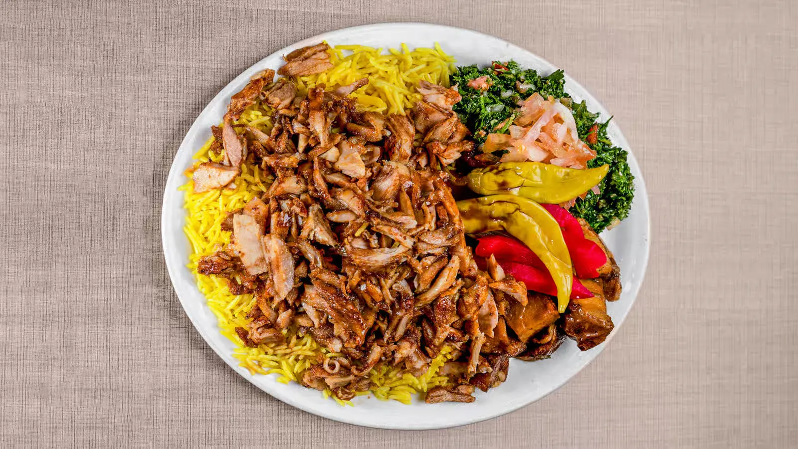 Chicken Shawarma Platter with rice and garlic sauce at Donair & Shawarma House West Edmonton